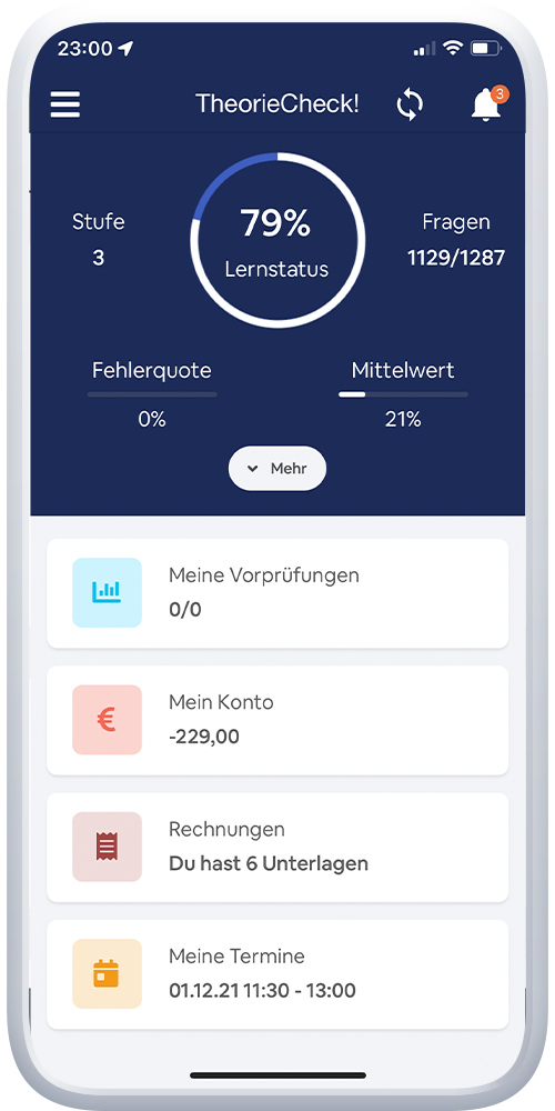 Theoriecheck-Startscreen / Fahrschule Live